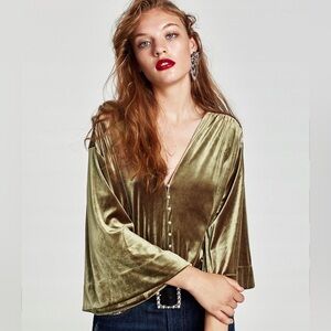Zara crushed velvet faux button down bodysuit